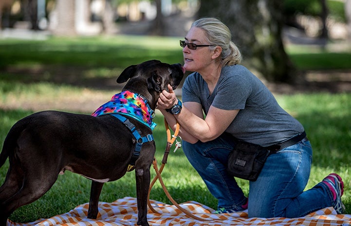 Gunner the dog wearing a rainbow colored bandanna being held by a woman while both sitting on a blanket on the grass