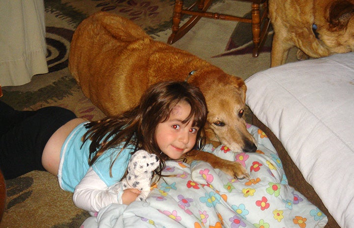 Young girl Hannah lying next to Arby the senior dog