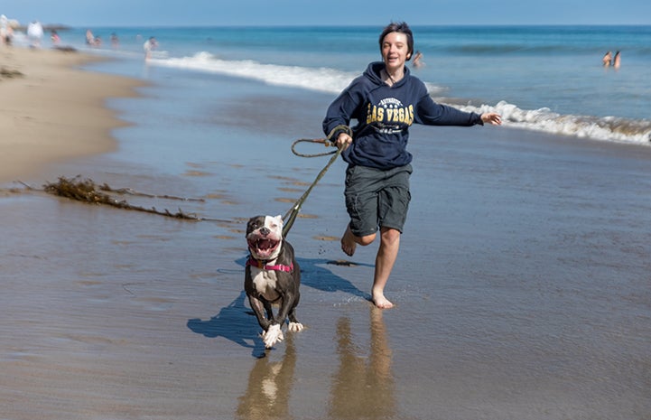 Jaime and Nina the dog played in the surf at the beach