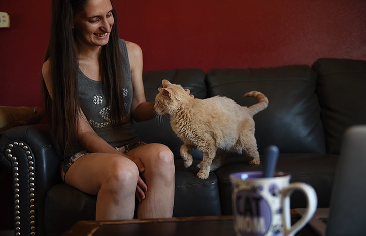 Tina and Katze the cat on a couch with her smiling and petting him