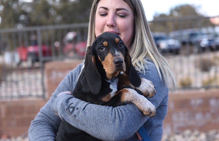 Dogtown team lead holding Merganser the hound puppy