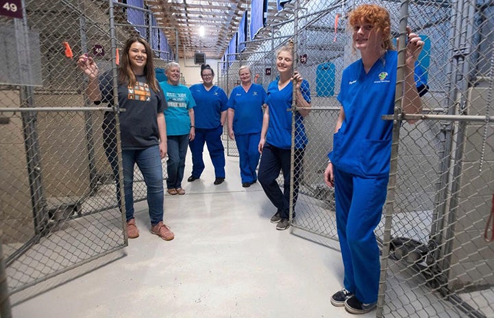 Santa Rosa County Animal Services employees standing outside of empty dog kennels