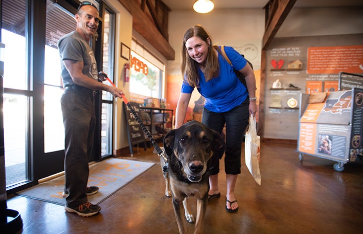 Man holding Corban on a leash while he meets a woman at the Best Friends Visitor Center