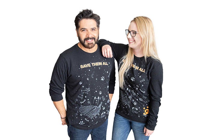 Man and woman wearing Moon Shot long-sleeve shirts