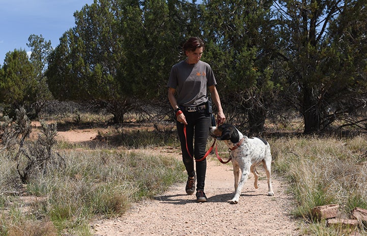 Christina taking Whistler the dog for a walk on a trail