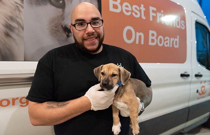 Man holding a tan puppy in front of a Best Friends transport vehicle