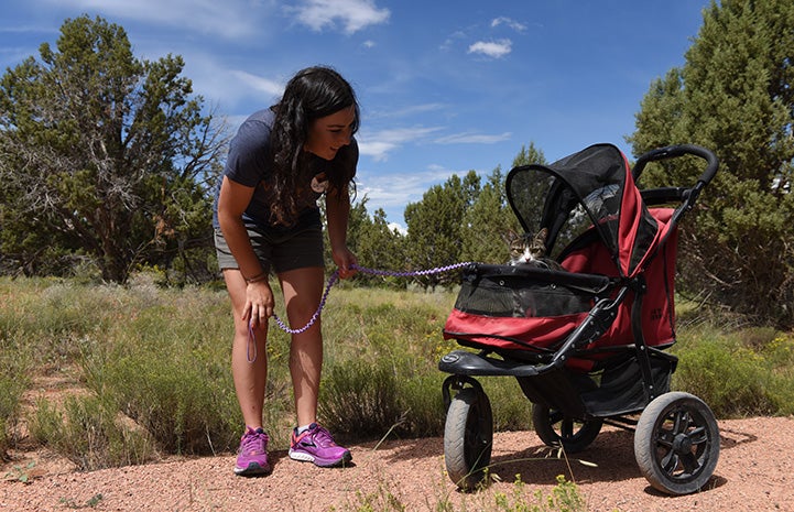 Woman looking at Ember, who is outside in a cat stroller