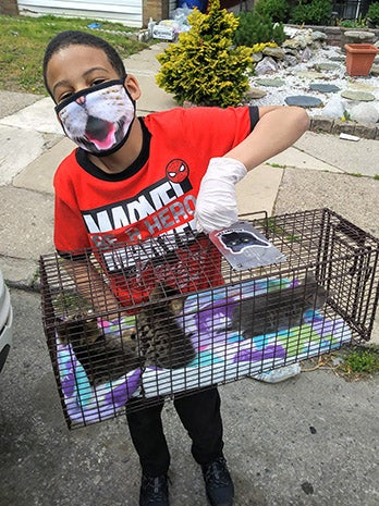 Shon Griffin wearing a cat mask and holding a humane trap containing three kitten