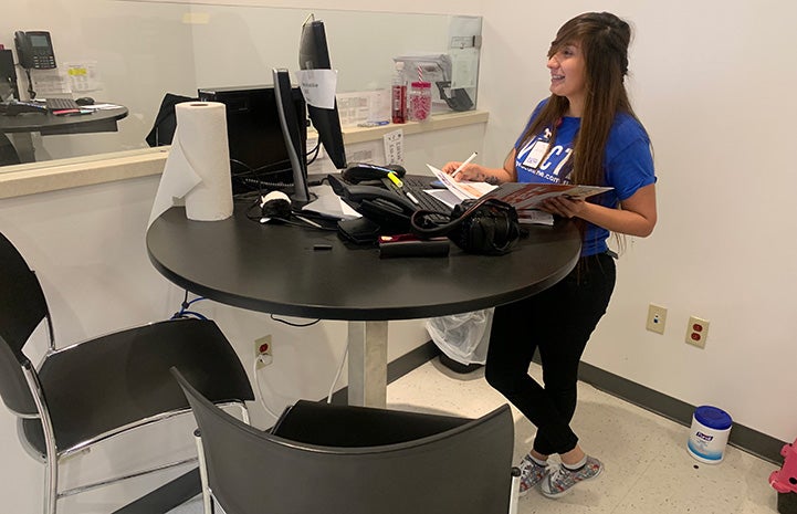 Yobeli Banda working at a table at Palm Valley Animal Center (PVAC)