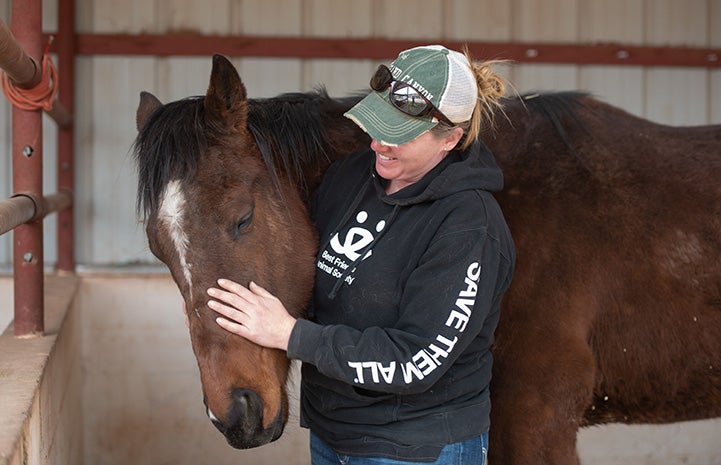 Smiling woman petting Morry the horse on the head