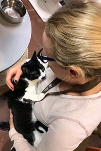 Belle Henderson the volunteer cradling a black and white kitten in her arms