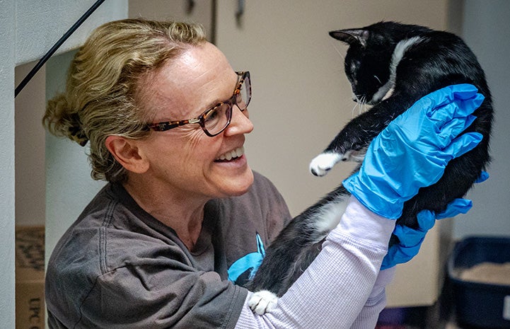 A black and white kitten being held up by volunteer Bell Henderson