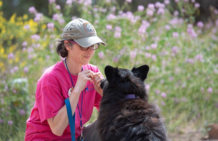 Volunteer Janice MacMillan about to give a treat to Donner the dog