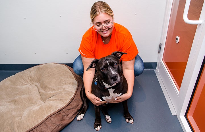 Volunteer Kaelen Haworth with Erin the dog