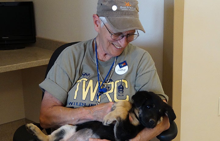 Bobbie Oldfield cradling a puppy in her arms