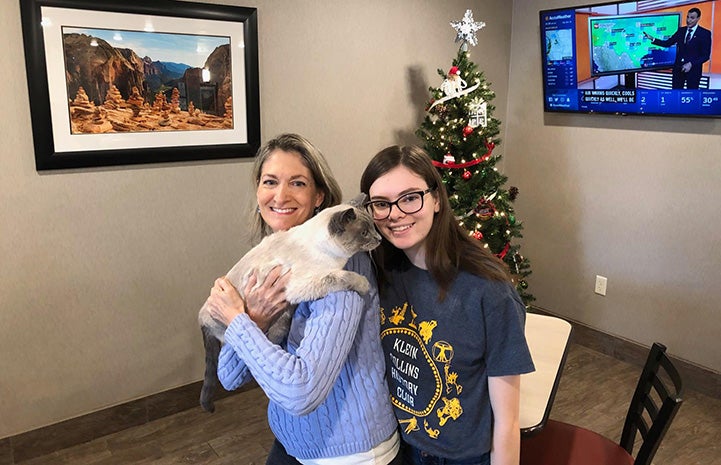 Two women holding Abraham the cat in front of a Christmas tree