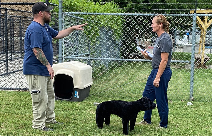 Two people outside in a fenced play yard with a black dog