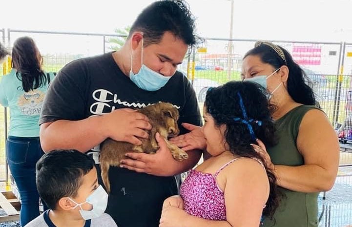 Family holding a puppy