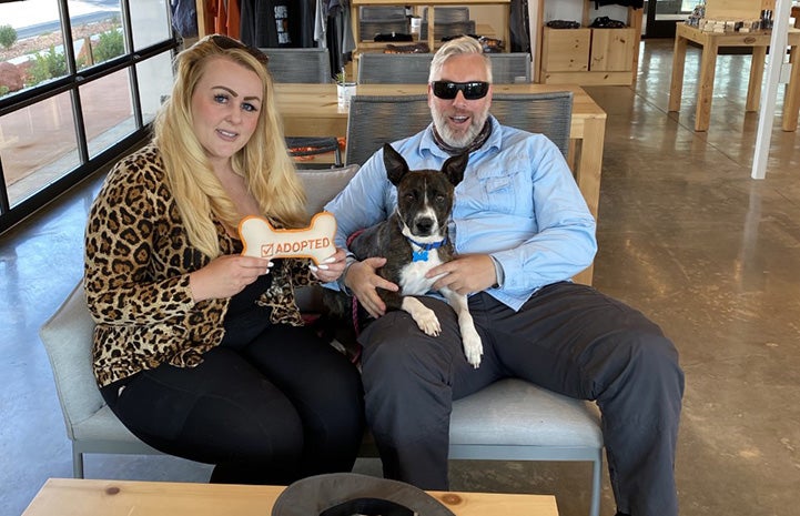 Scott and Felicia with Summer Rain the dog and a toy bone that says Adopted