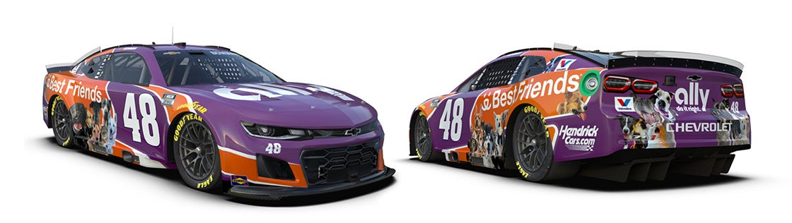 The NASCAR #48 Ally Chevrolet Camaro driven by Alex Bowman, featuring Best Friends