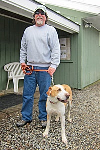 Maverick the hound mix with Bob Degone