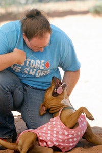 Fiesta the dog wearing a spotted pink dress and Alyssa having fun