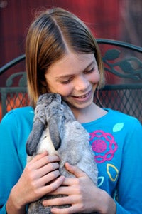 Helen making friends with Jessica the rabbit