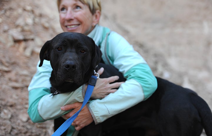 Raisin the timid dog gets a hug from volunteer Kim aSpragg