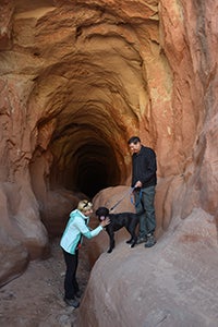 Mark and Kim Spragg on an outing with Raisin the retriever dog