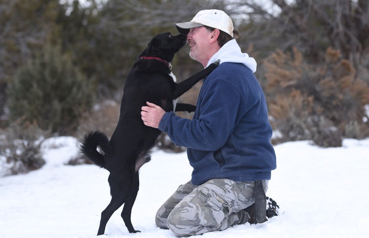 Julius the dog with a neurological condition taking a walk with caregiver Tom