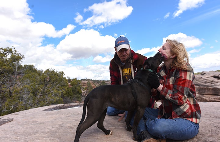 Jody Peterson and her husband with Geneva the dog