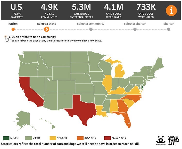 Screen shot of the community lifesaving dashboard map of the United States, showing save rate statistics