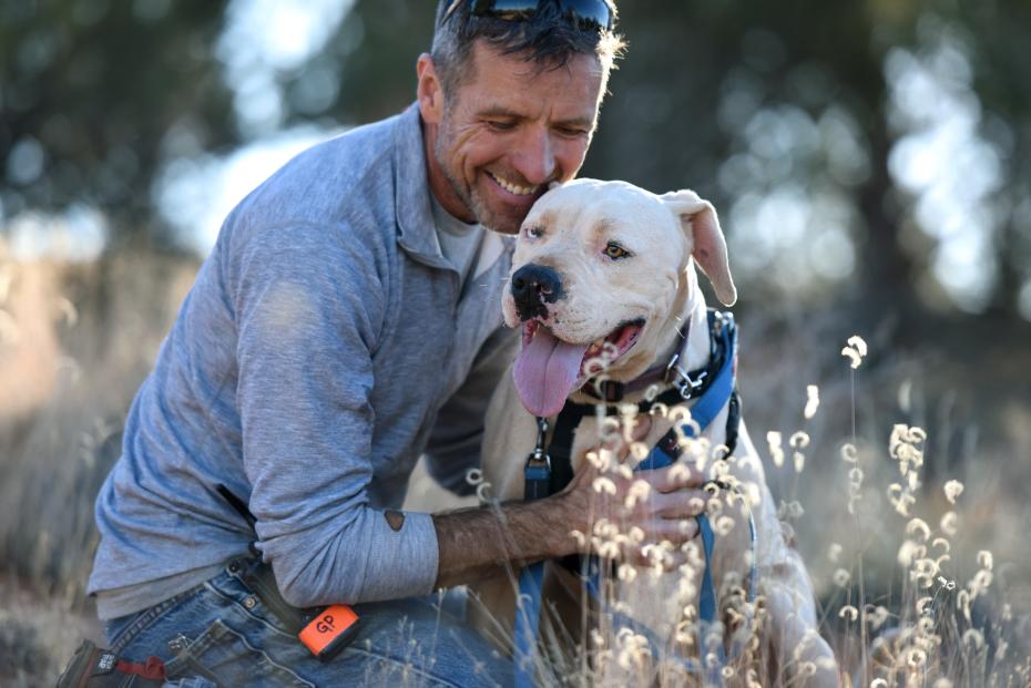 Person hugging a white pit-bull-type dog outside in some tall grasses