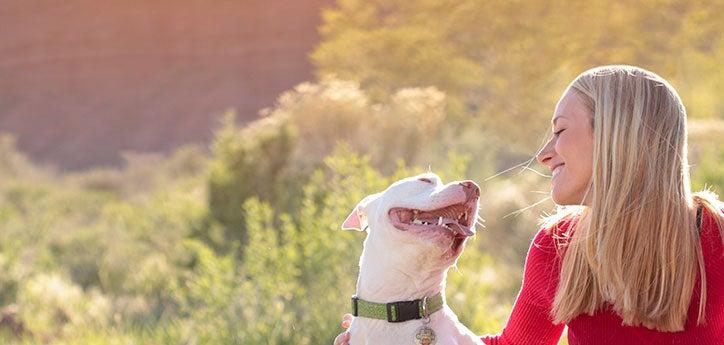 White pit bull and his person sitting together outside