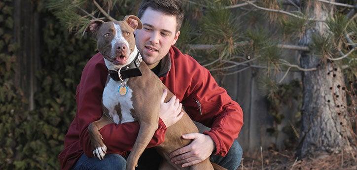 person holding a brown-and-white pit bull terrier-type dog, a dog type that is often the victim of breed-specific legislation