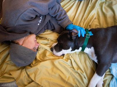 Person lying on a blanket with a dog who is undergoing accupuncture