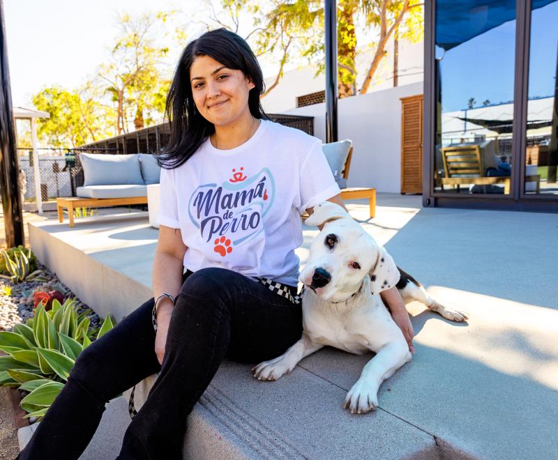 Person sitting outside on some steps in the shade with a big dog