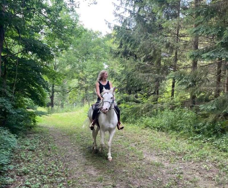 Person riding Bug the house in a forested area