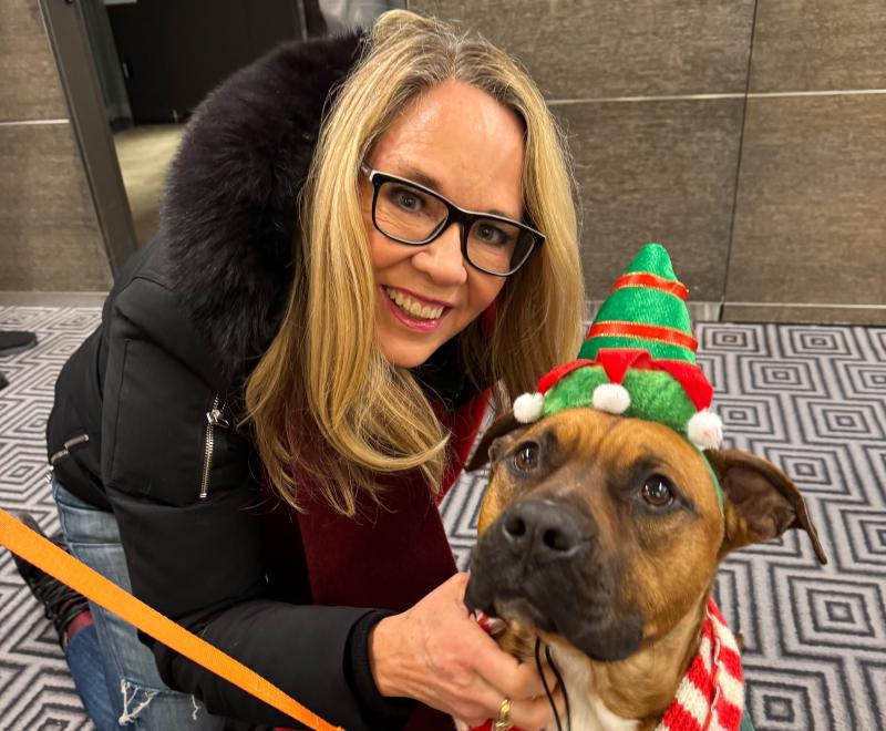 Best Friends CEO Julie Castle with a dog earing an elf outfit