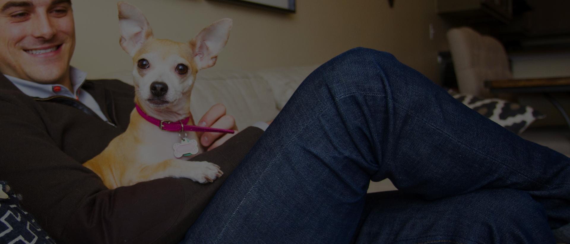 Smiling person sitting with a small dog on a couch