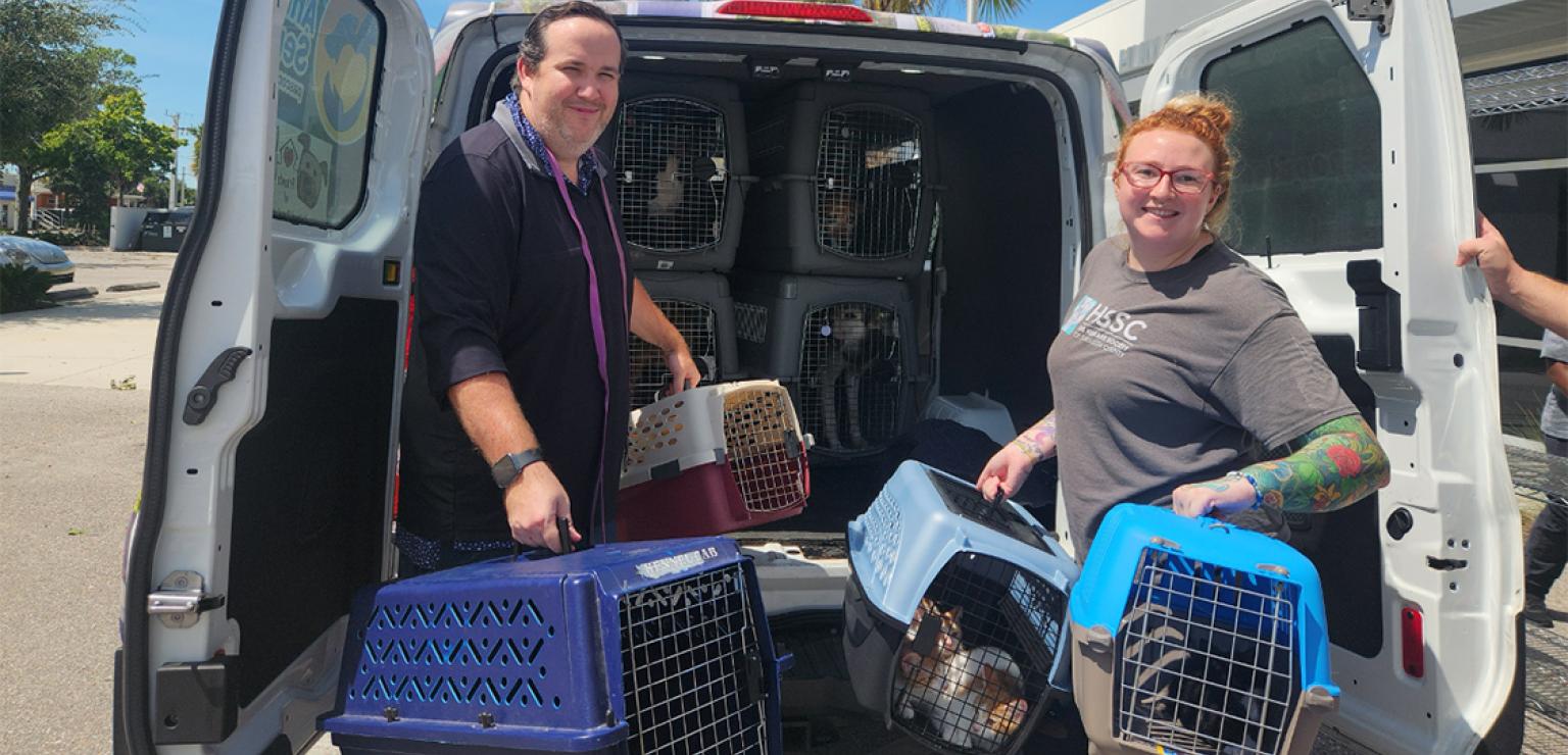 Two people with crates containing animals outside the back doors of a van