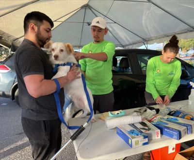 Person holding a dog at pet vaccination clinic in Brownsville, Texas