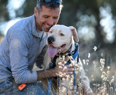 Person hugging a white pit-bull-type dog outside in long grasses