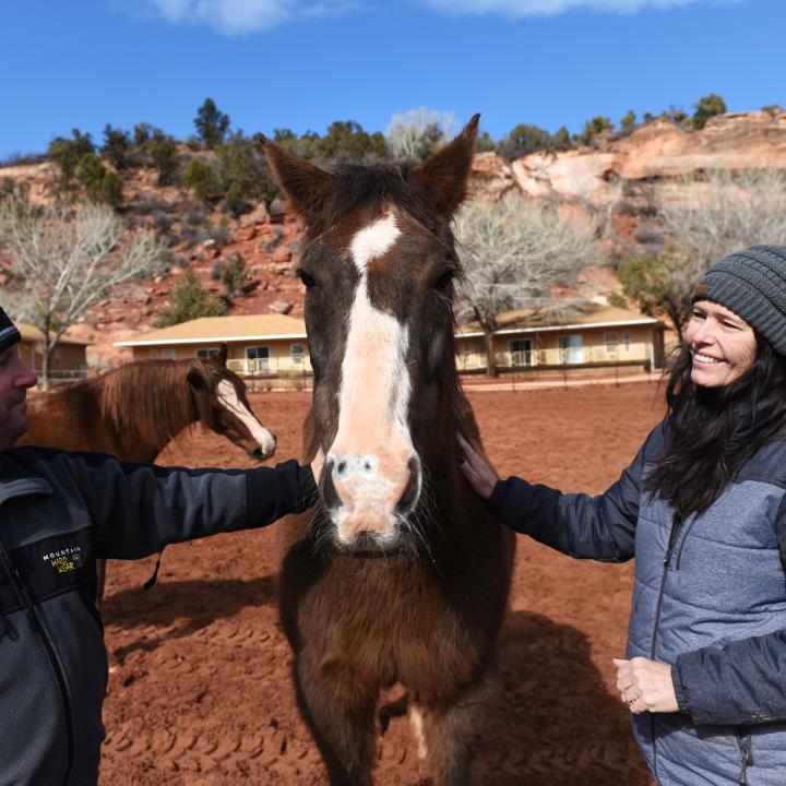 Two volunteers outside in a pasture with a horse