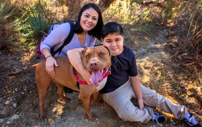 Smiling family with a happy brown dog, with the child with his arm around the dog