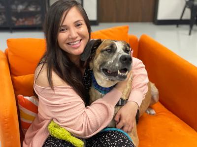 Person hugging Brutus the dog on an orange chair