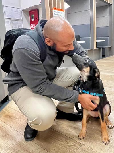 Hadley the dog, nose-to-nose, with her new person