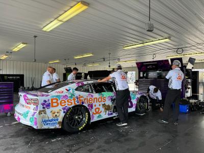 The team working on the NASCAR Hendrick Motorsports No. 48 Ally Chevrolet Camaro ZL1 race car at Pocono Raceway