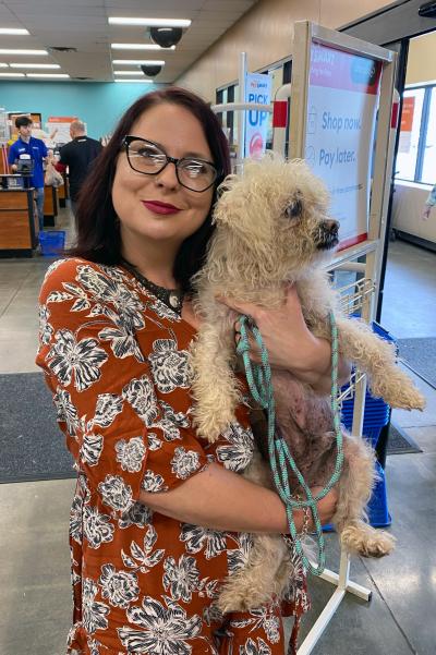 Cream Puff the dog being held in a store