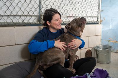 Dog on a lap cuddling with a smiling person in a kennel